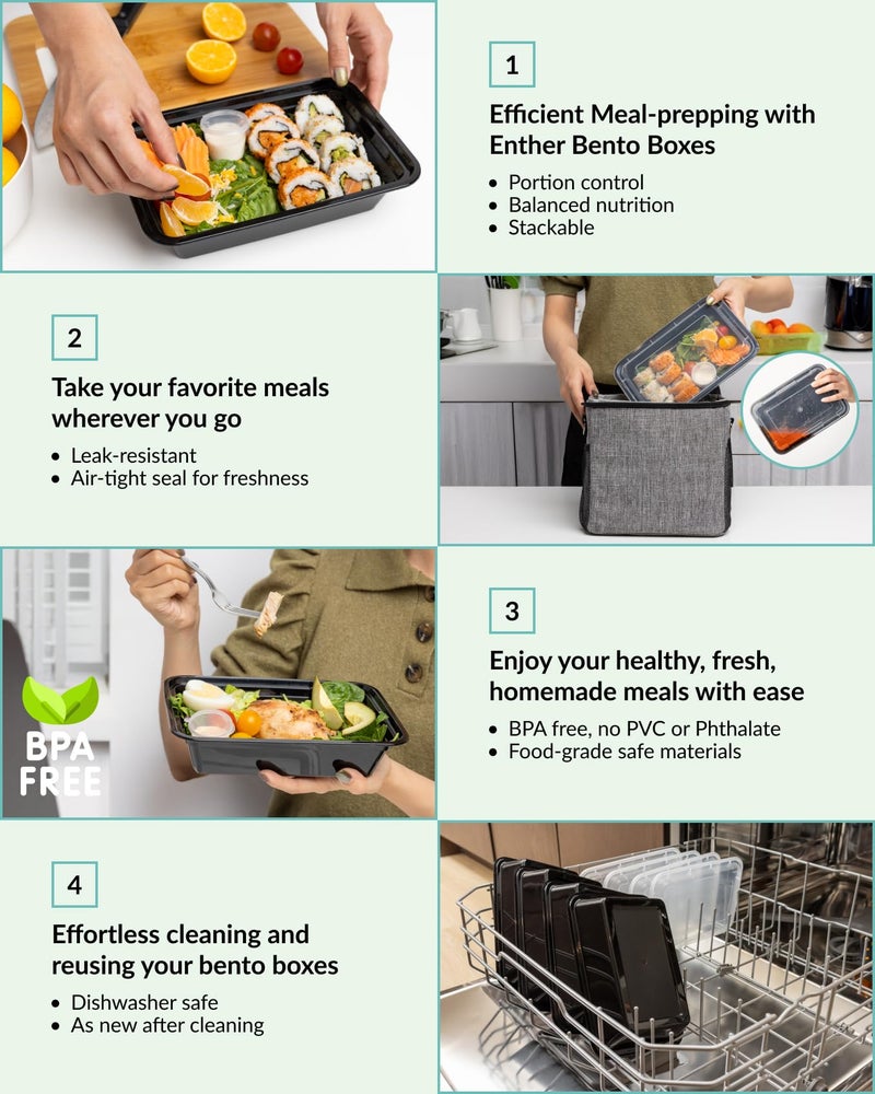 Enther [20 Pack] Single 1 Compartment Meal Prep Containers with Lids, Food Storage Bento Box with Portion Cups, BPA Free, Reusable Lunch Box, Microwave/Dishwasher/Freezer Safe, Portion Control, 28oz - Image 5